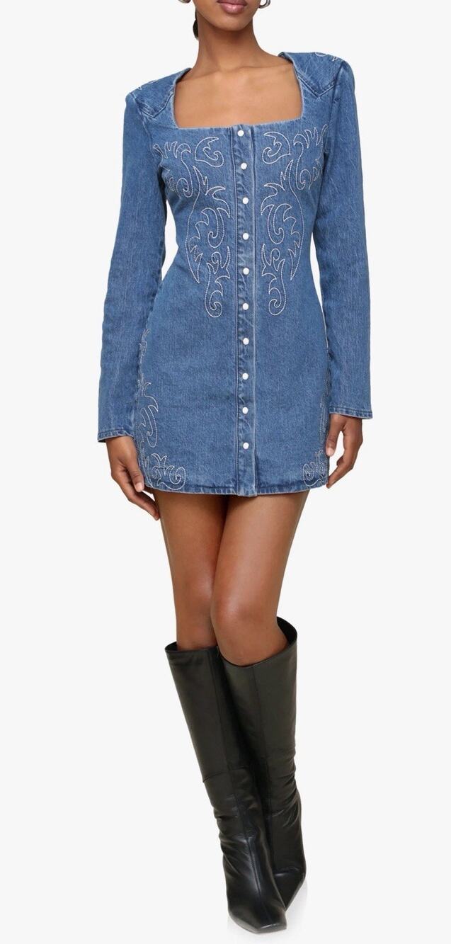 Avec Les Filles Size 8 Western Denim Dress Embroidered Country Cowgirl Rodeo